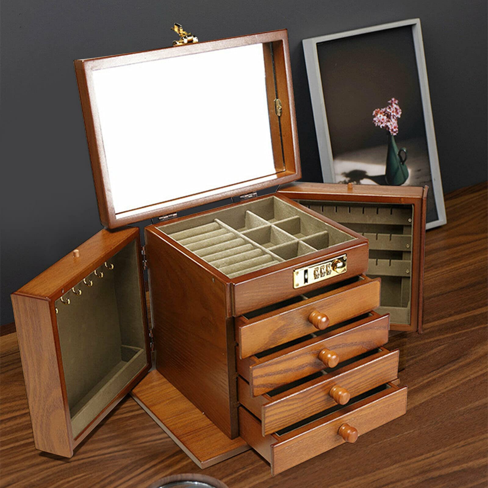 CNCEST-Grande boîte à bijoux 4 tiroirs, boîte à bijoux avec miroir