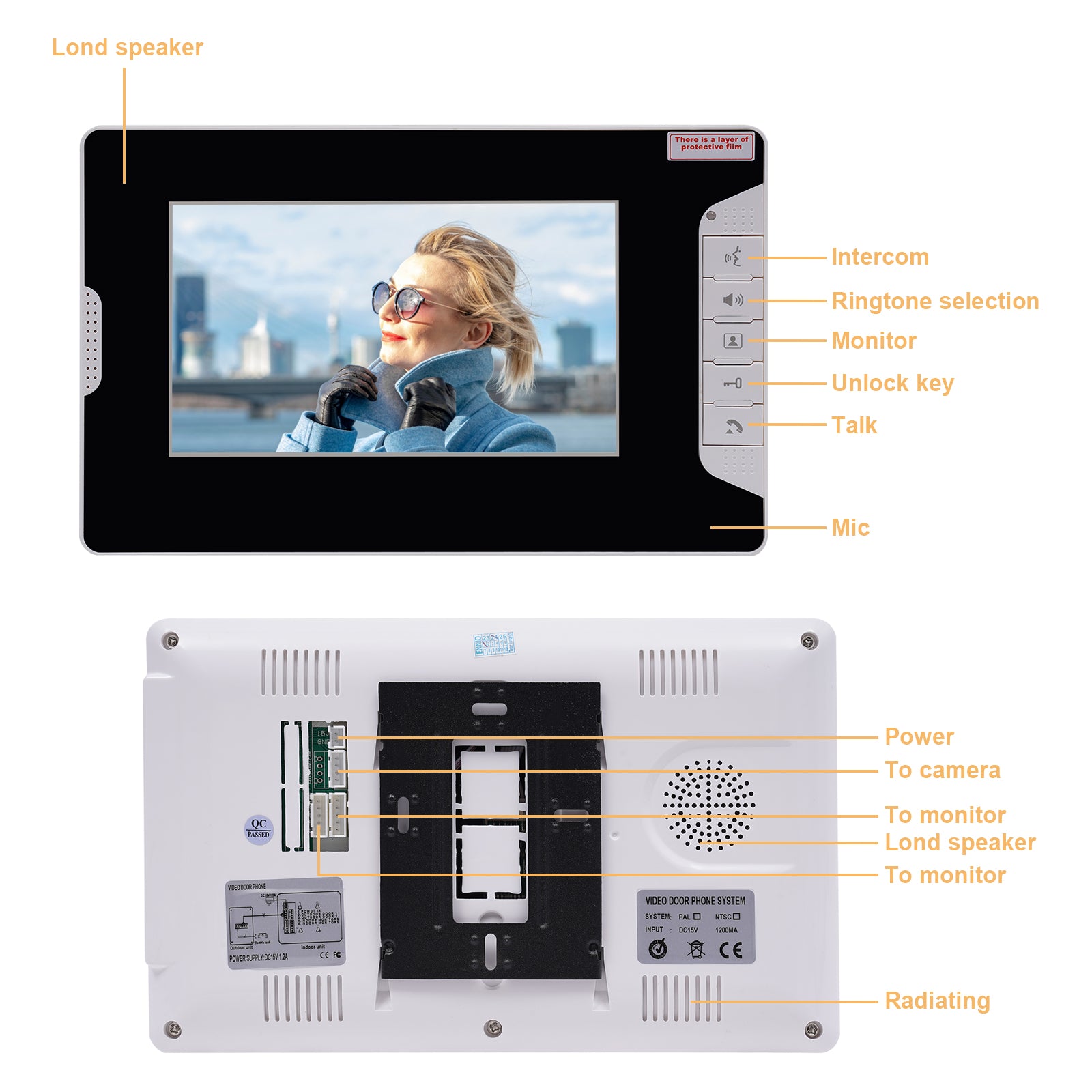Interphone vidéo avec écran 7" et caméra HD 7" LCD