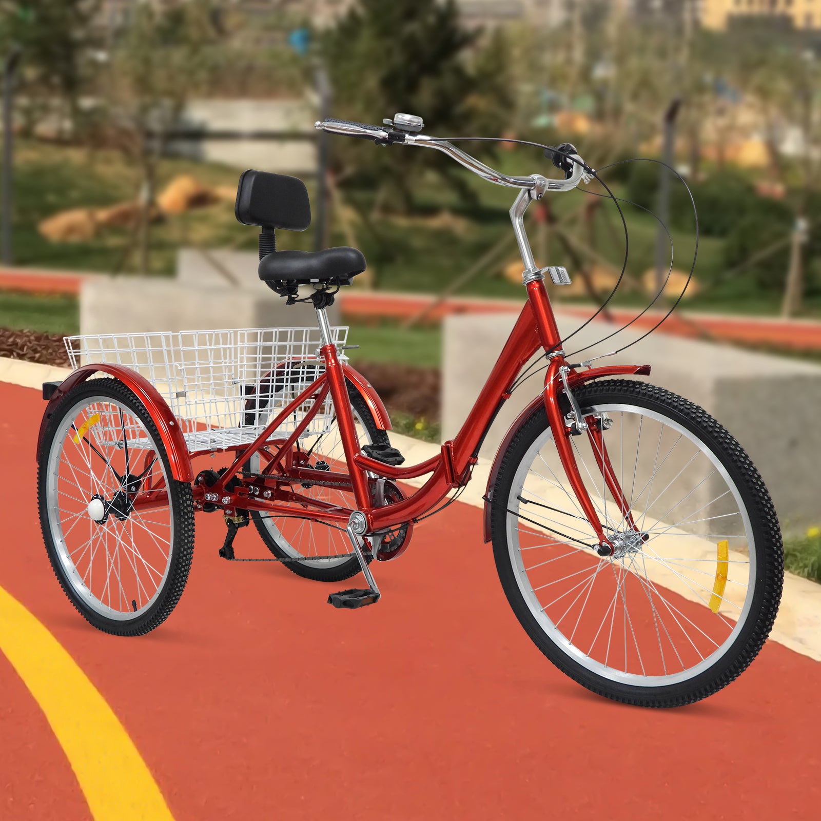 Vélo pliant 24 pouces tricycle adulte 3 roues vélo avec panier et dossier 7 vitesses Tricycle pour adultes seniors（rouge）