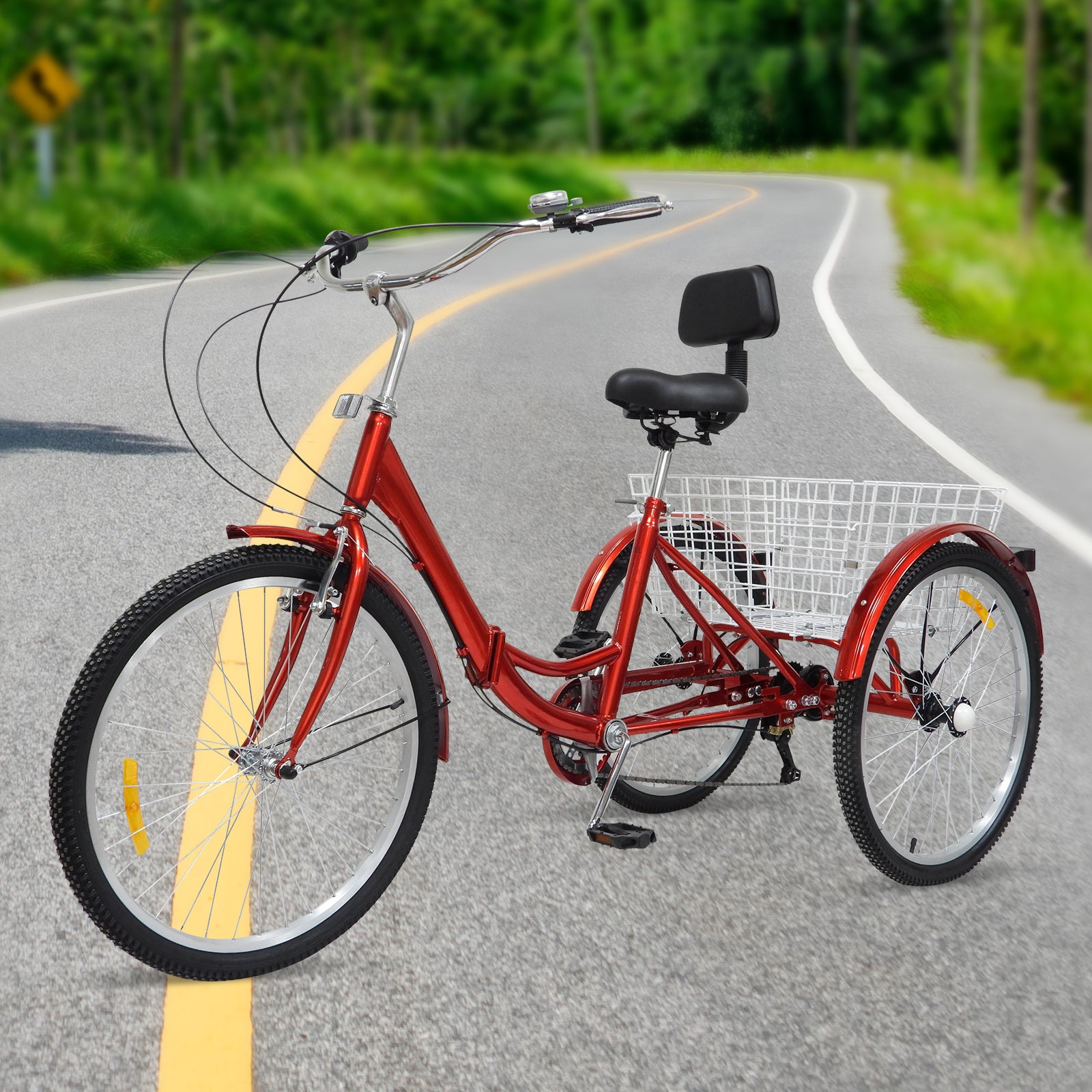 Vélo pliant 24 pouces tricycle adulte 3 roues vélo avec panier et dossier 7 vitesses Tricycle pour adultes seniors（rouge）