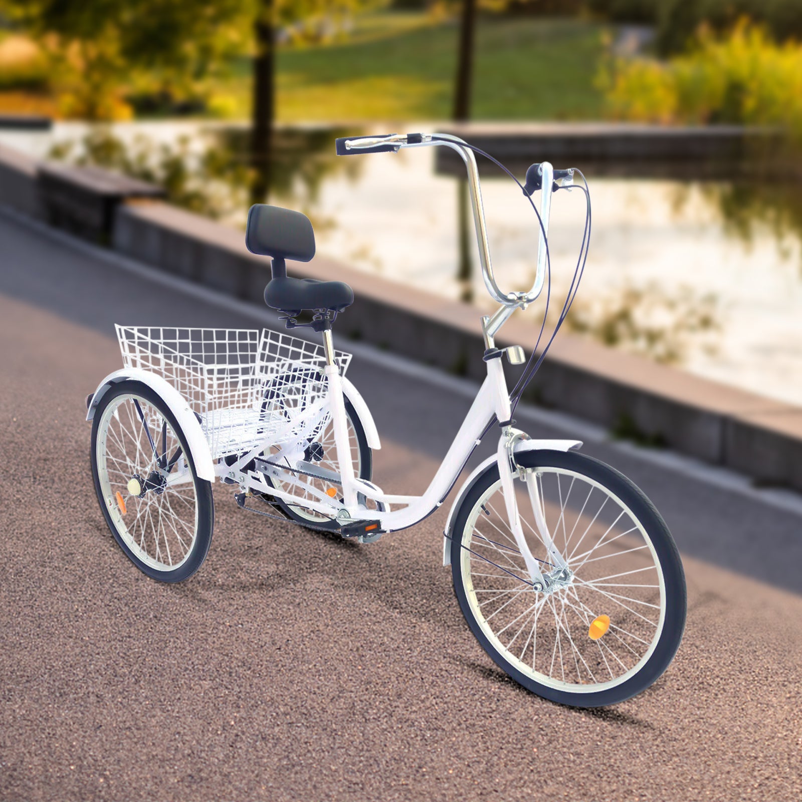CNCEST Tricycle pour adulte 24" 6 vitesses 3 roues pour femme senior adulte Tricycle avec panier, excursion, sport shopping, shopping (blanc)