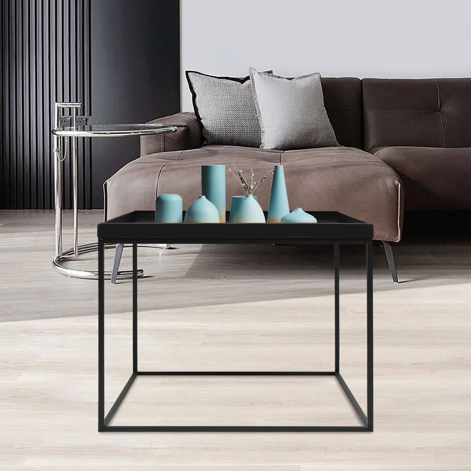 Table d'appoint carrée - Table basse mobile - Cadre en acier - Imperméable - Anti-rayures - Noir - Pour salon, chambre à coucher