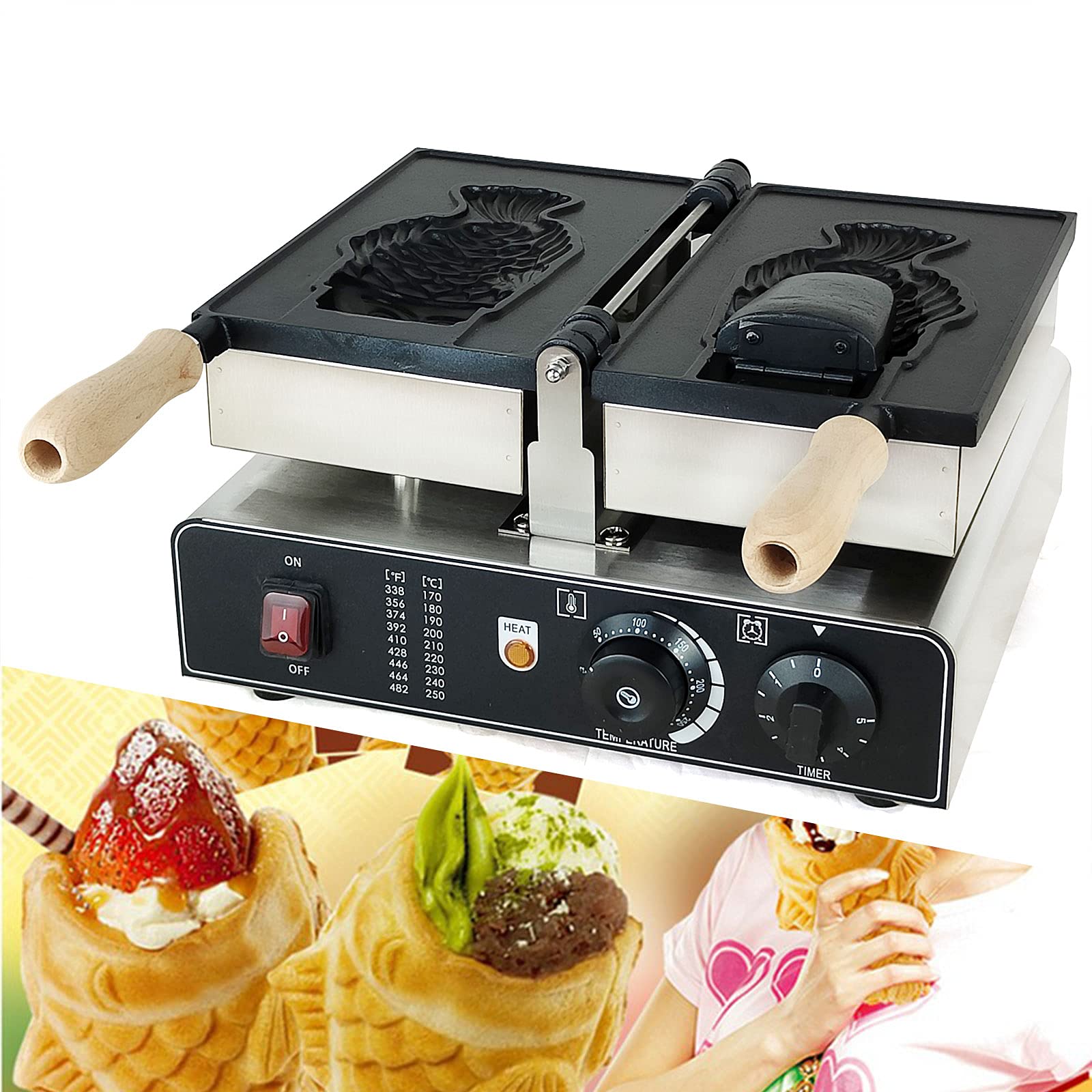 Products Commercial Fish Waffle Maker Nonstick Electric Stainless Steel Ice Cream Cone Waffle Maker Machine 1400W