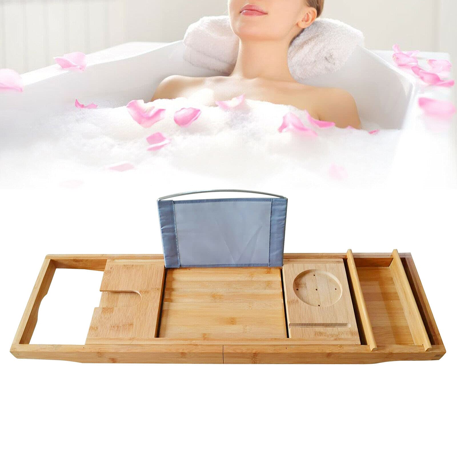 Tablette de baignoire réglable en bambou - Organiseur de baignoire unique avec tablette pour verre à vin, porte-serviettes, étanche