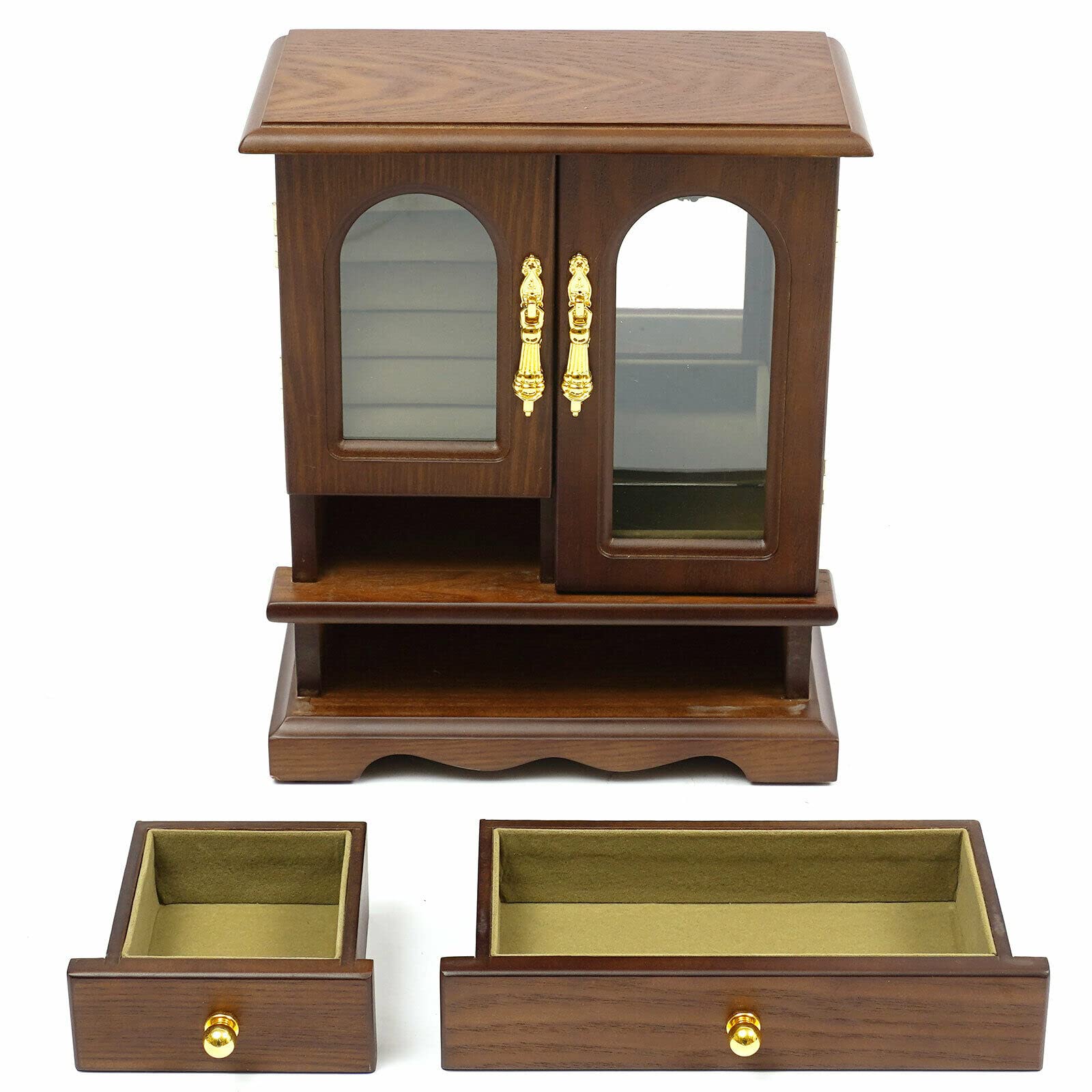 Boîte à bijoux en bois avec 2 tiroirs porte en verre