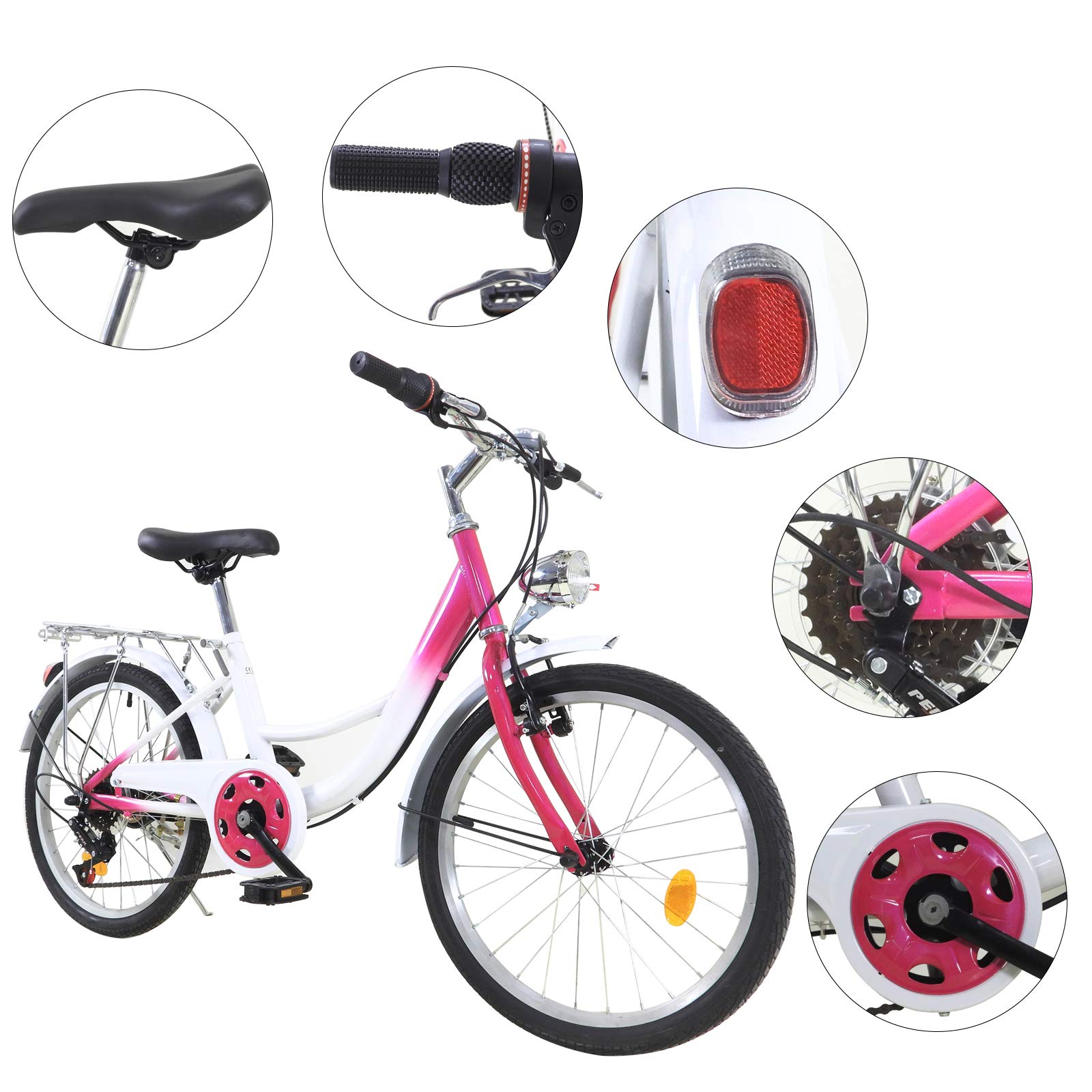 Vélo pour enfant 20 pouces 6 vitesses - Pour garçons et filles - Pour 12-16 ans - Rose et blanc - Économie d'énergie et protection de l'environnement