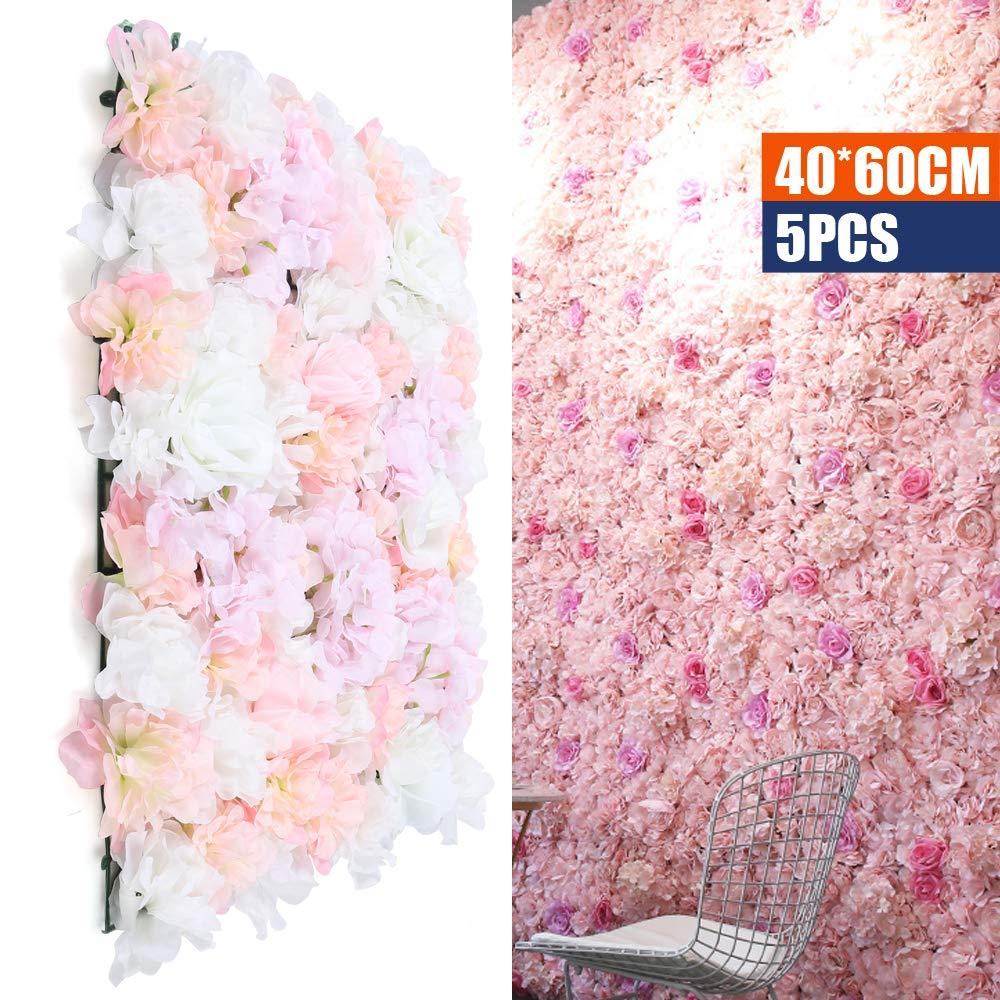 CNCEST Lot de 5 toiles de fond pour décoration de mariage, fête - Blanc et rose en soie - Fond en fleurs artificielles