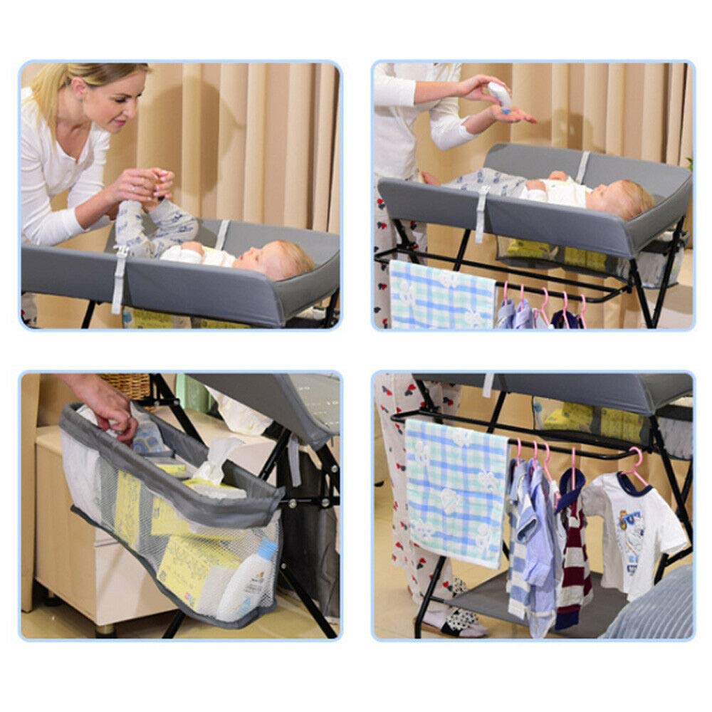 Table à langer pliable pour bébé avec compartiments de rangement, ceinture de sécurité, utilisable comme table à langer (kaki sans roues)